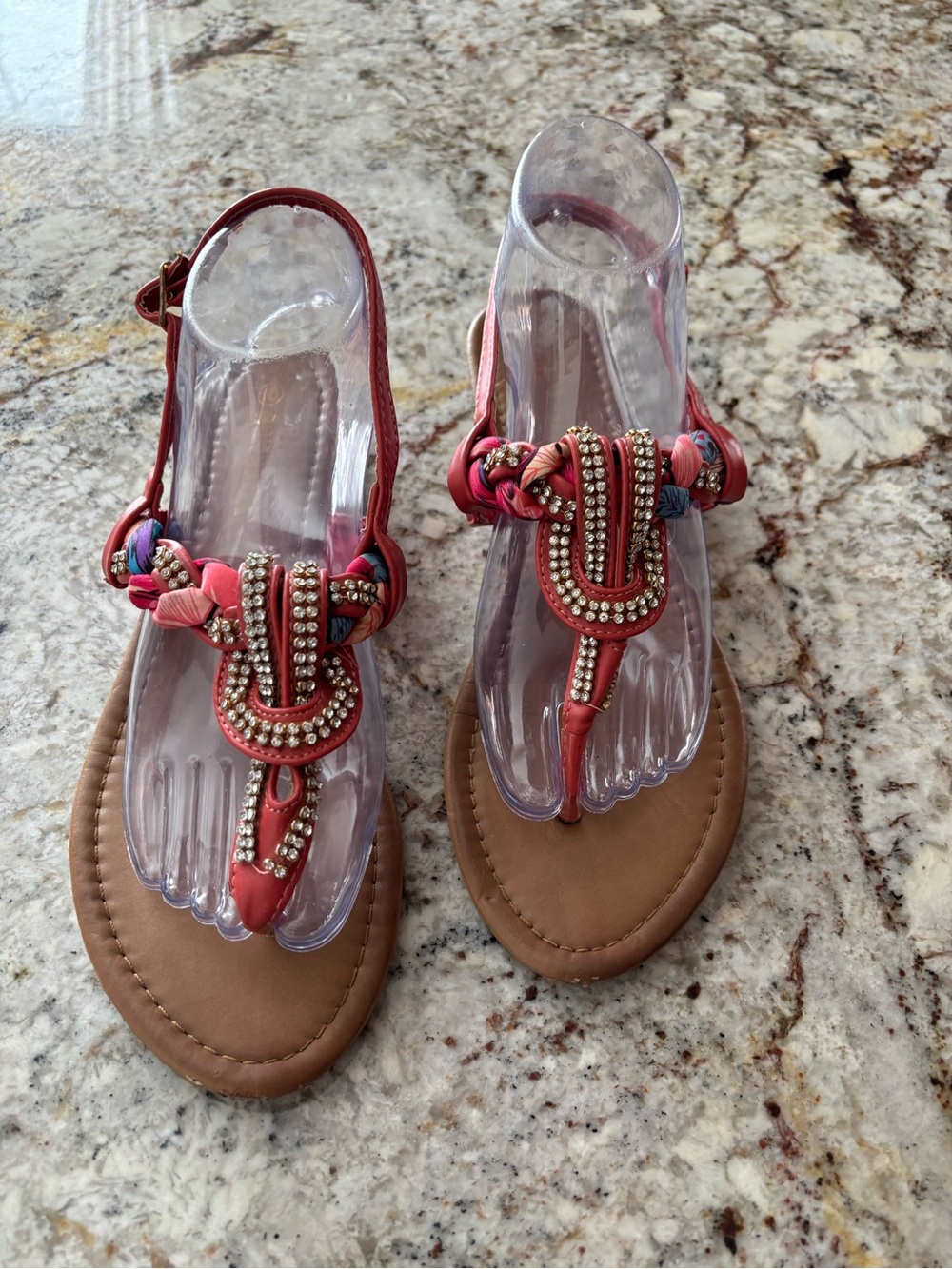 Beaded Coral T-Strap Women's Sandals
